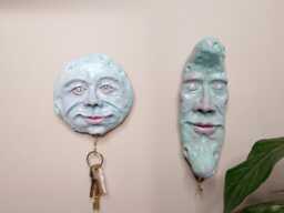 Whimsical Clay Moon Face Key Hook Sculptures Blue Turquoise Clay, Handmade Home Decor, Quirky Hanging Wall Ornaments