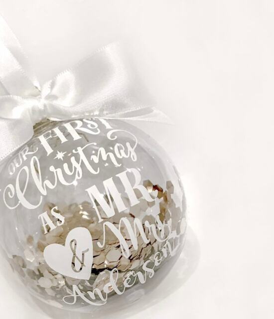 Personalised Christmas Bauble - First As Mr & Mrs Xmas Decoration Silver Or Gold - image 1
