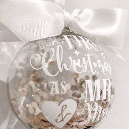 Personalised Christmas Bauble - First As Mr & Mrs Xmas Decoration Silver Or Gold - thumbnail 2
