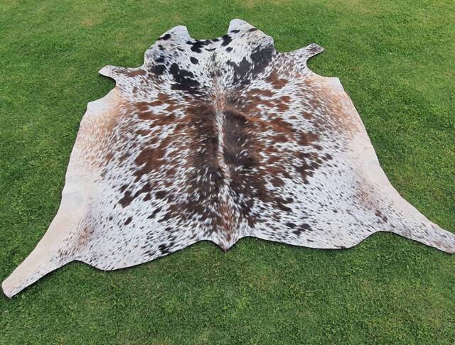 Cowhide Rug in Brown & White - Speckled Cow Hide Area Tricolor Skin Leather For Upholstery - image 1