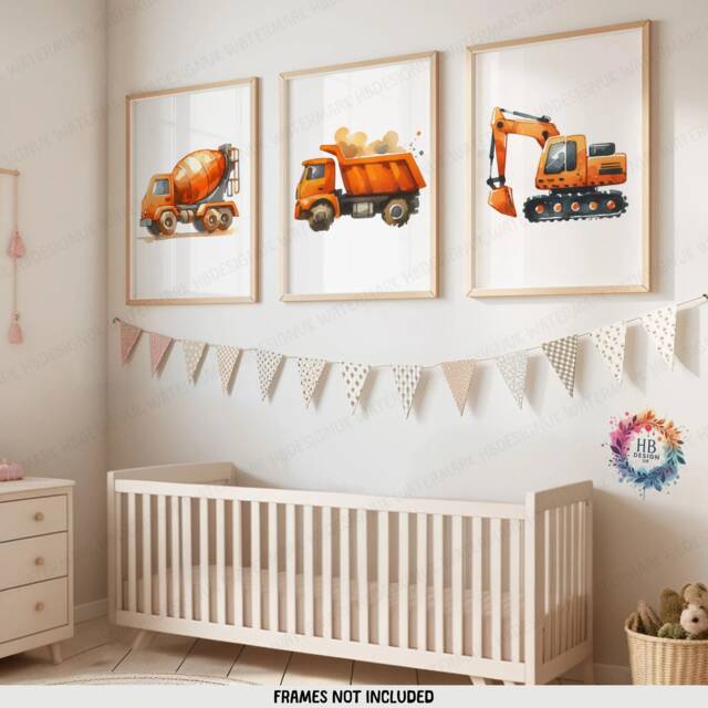 Orange Construction Vehicle Prints - Set Of 3 Kids Nursery Decor - Digger Wall Art Boys Truck Artwork Bedroom Print Watercolour - image 1