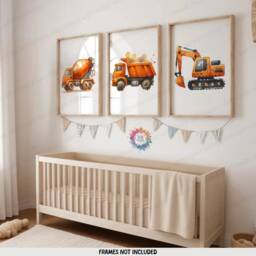 Orange Construction Vehicle Prints - Set Of 3 Kids Nursery Decor - Digger Wall Art Boys Truck Artwork Bedroom Print Watercolour - thumbnail 2