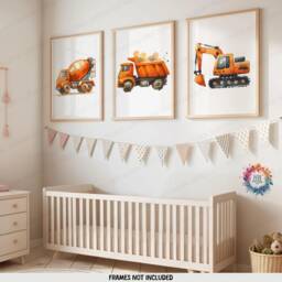 Orange Construction Vehicle Prints - Set Of 3 Kids Nursery Decor - Digger Wall Art Boys Truck Artwork Bedroom Print Watercolour - thumbnail 1