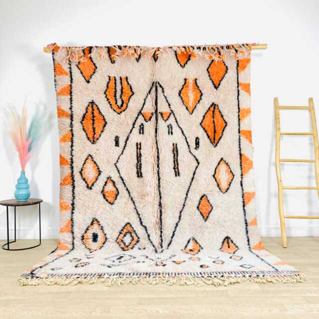 White Moroccan Berber Rug With Orange Pattern, Shag Rug, Large 9x12 Handmade Area - image 1