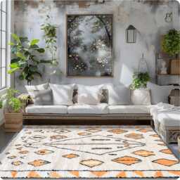 White Moroccan Berber Rug With Orange Pattern, Shag Rug, Large 9x12 Handmade Area - thumbnail 4