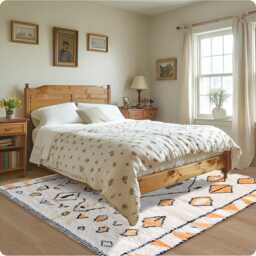White Moroccan Berber Rug With Orange Pattern, Shag Rug, Large 9x12 Handmade Area - thumbnail 3