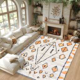 White Moroccan Berber Rug With Orange Pattern, Shag Rug, Large 9x12 Handmade Area - thumbnail 2