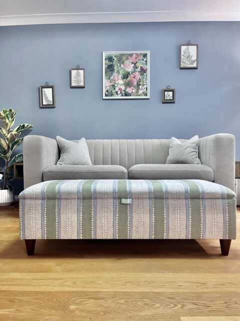 Handmade Striped Ottoman Footstool Linwood Dimity Wavy Cotton Fabric, Wooden Legs, Interior Storage - image 1