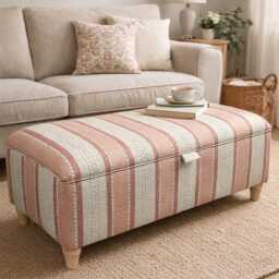 Handmade Striped Ottoman Footstool Linwood Dimity Wavy Cotton Fabric, Wooden Legs, Interior Storage - thumbnail 2