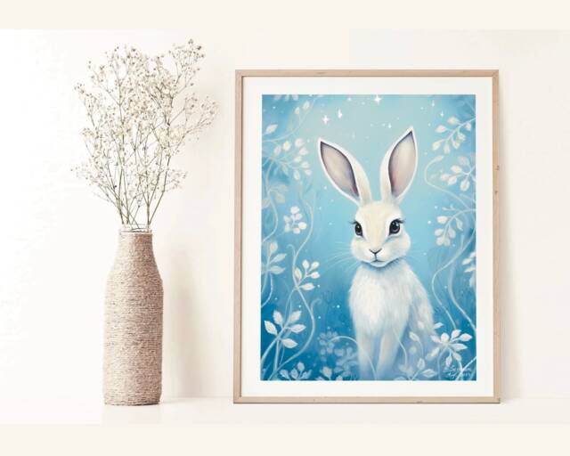 A4 A5 Cute White Hare Art Print - Bunny Art Whimsical Woodland Poster Forest Night Nursery Gift - image 1