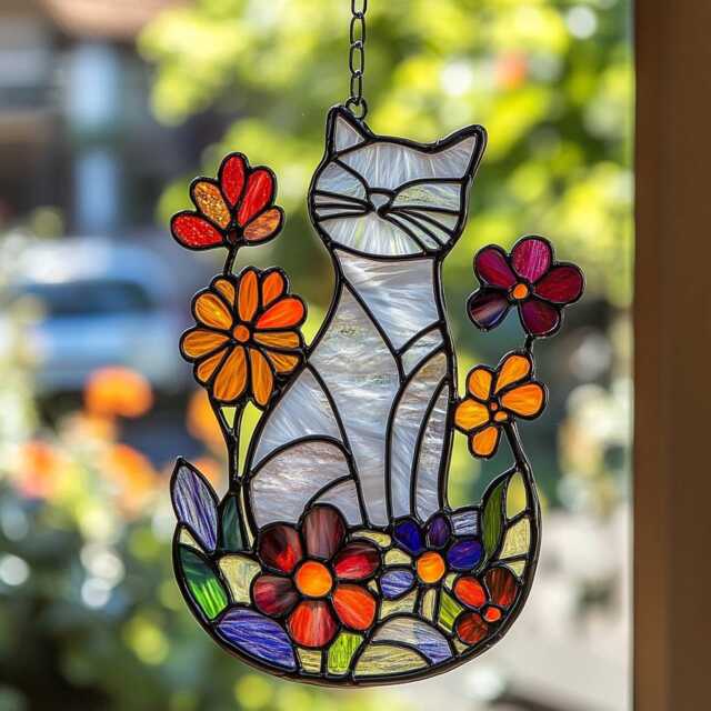 Custom Cat Floral Window Hanging Real Stained Glass Suncatcher, Garden Kitty Decor Gift For Lovers Plant Pot - image 1
