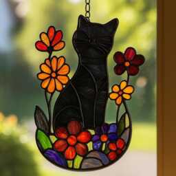 Custom Cat Floral Window Hanging Real Stained Glass Suncatcher, Garden Kitty Decor Gift For Lovers Plant Pot - thumbnail 3