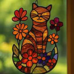 Custom Cat Floral Window Hanging Real Stained Glass Suncatcher, Garden Kitty Decor Gift For Lovers Plant Pot - thumbnail 2