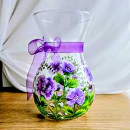 Hand Painted Vase Purple & Lavender Flowers, Unique Floral Art - thumbnail 2