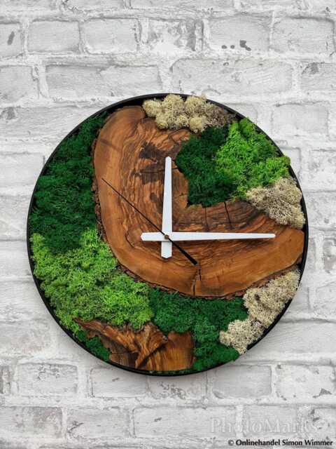 Plant Moss & Olive Wood Clock, Rustic Tree Slice Wall Clock With Live & Metal Frame, Stabilized Decor, Nature Inspired - image 1