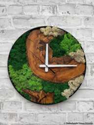 Plant Moss & Olive Wood Clock, Rustic Tree Slice Wall Clock With Live & Metal Frame, Stabilized Decor, Nature Inspired - thumbnail 1