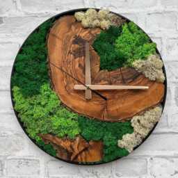 Plant Moss & Olive Wood Clock, Rustic Tree Slice Wall Clock With Live & Metal Frame, Stabilized Decor, Nature Inspired - thumbnail 3