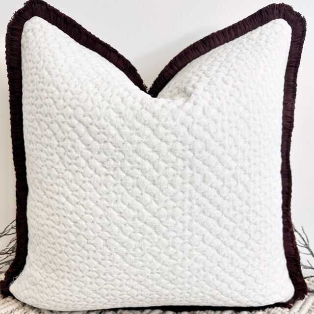 Luxury White Boucle Cushion, Fringed in Mocha, Velvet Textured Pillow Cover, Handcrafted & Perfect For Sofa Or Bed - Style 96 - image 1