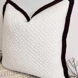 Luxury White Boucle Cushion, Fringed in Mocha, Velvet Textured Pillow Cover, Handcrafted & Perfect For Sofa Or Bed - Style 96 - thumbnail 3