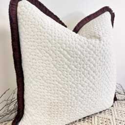 Luxury White Boucle Cushion, Fringed in Mocha, Velvet Textured Pillow Cover, Handcrafted & Perfect For Sofa Or Bed - Style 96 - thumbnail 2