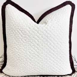 Luxury White Boucle Cushion, Fringed in Mocha, Velvet Textured Pillow Cover, Handcrafted & Perfect For Sofa Or Bed - Style 96 - thumbnail 1