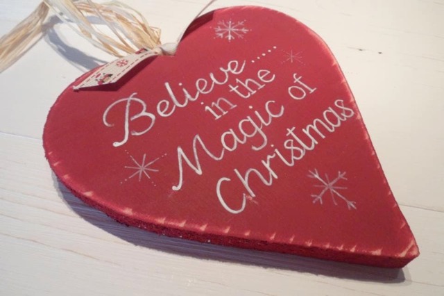 18 cm Rustic Christmas Wood Heart Decoration Believe in The Magic Of Personalised Baby's First Heart. Shabby Chic - image 1