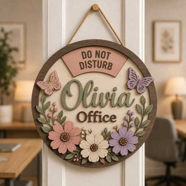Personalized Office Door Sign, Floral Wooden Do Not Disturb Hanger, Custom Name Decor, Butterfly Wall Hanging, Coworker Gift - image 1