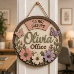 Personalized Office Door Sign, Floral Wooden Do Not Disturb Hanger, Custom Name Decor, Butterfly Wall Hanging, Coworker Gift - thumbnail 1