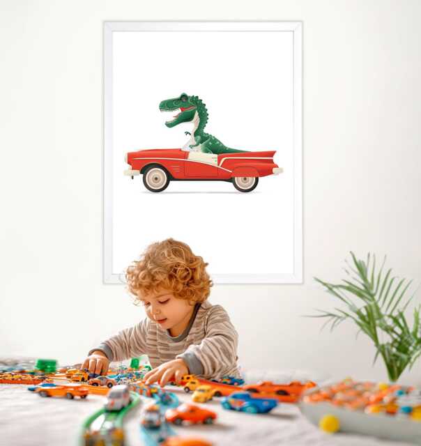 Dinosaur T-Rex Driving Retro Red Convertible - Kids Room Wall Art For Fun Nursery Decor - image 1