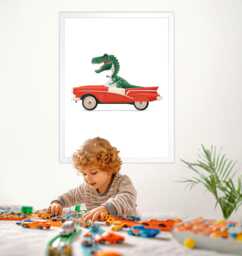 Dinosaur T-Rex Driving Retro Red Convertible - Kids Room Wall Art For Fun Nursery Decor - thumbnail 1