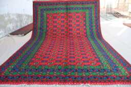 7x10 Afghan Bukhara Rug, 6'5x9'8 Hand Knotted Veg Dyes Wool Turkmen Traditional Area Red Green Blue Bedroom, Living Room Rug