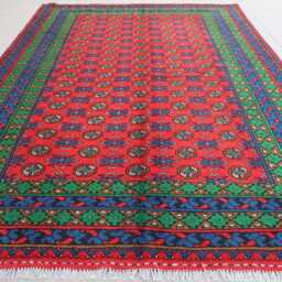 7x10 Afghan Bukhara Rug, 6'5x9'8 Hand Knotted Veg Dyes Wool Turkmen Traditional Area Red Green Blue Bedroom, Living Room Rug - thumbnail 2