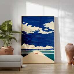 Japanese Runway Poster - Blue Sky Clouds & Minimal Plane Modern Vintage Landscape Art - thumbnail 3