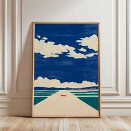Japanese Runway Poster - Blue Sky Clouds & Minimal Plane Modern Vintage Landscape Art - thumbnail 1