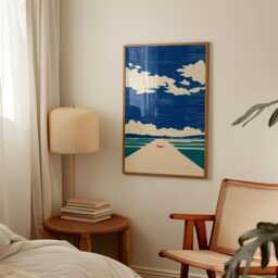 Japanese Runway Poster - Blue Sky Clouds & Minimal Plane Modern Vintage Landscape Art - thumbnail 2