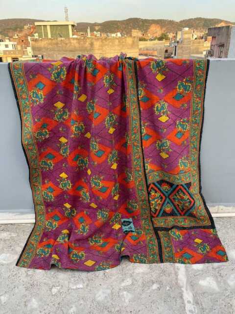 Block Print Patchwork Reversible Cotton Kantha Quilt Handmade Artistic Blanket - image 1