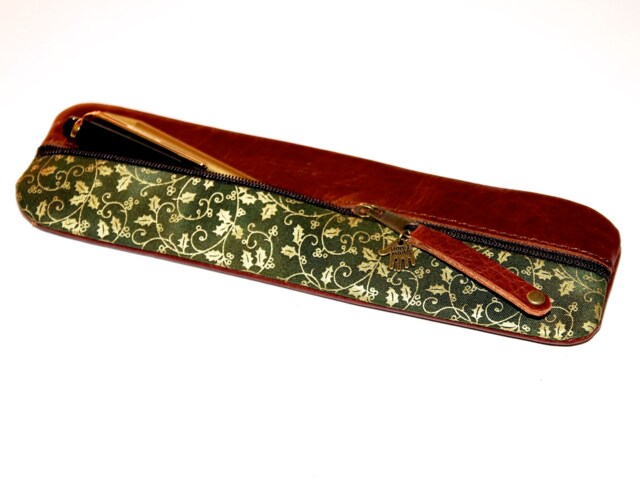 Khaki Green Gold Pencil Case Leather & Fabric Green Khaki Gold - image 1