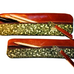Khaki Green Gold Pencil Case Leather & Fabric Green Khaki Gold - thumbnail 2
