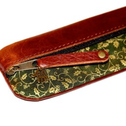 Khaki Green Gold Pencil Case Leather & Fabric Green Khaki Gold - thumbnail 3