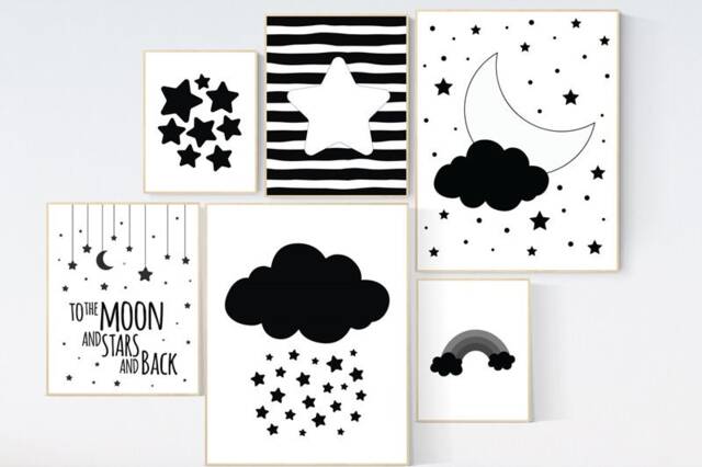 Black & White Nursery Prints Cloud, Moon, Stars Wall Art - image 1