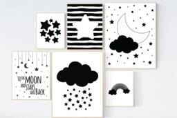 Black & White Nursery Prints Cloud, Moon, Stars Wall Art - thumbnail 1