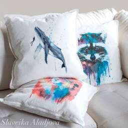 Scuba Diving With Humpback Whale Throw Pillow Cover By Slaveika Aladjova, Cushion Cover, Decorative Pillow Cover, Animal , Watercolor - thumbnail 2