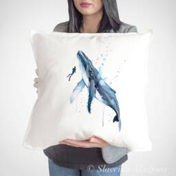 Scuba Diving With Humpback Whale Throw Pillow Cover By Slaveika Aladjova, Cushion Cover, Decorative Pillow Cover, Animal , Watercolor - thumbnail 1