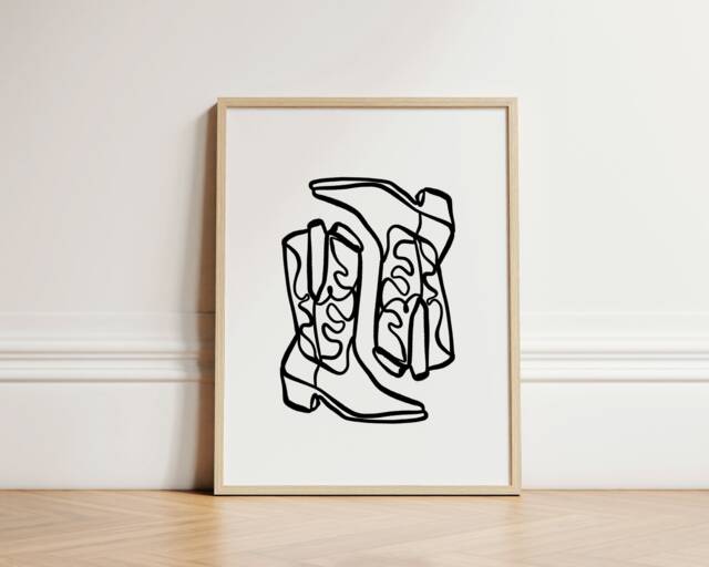 Cow Boy Boots Print, Ink Bleed Style, Girl Boots, Minimalist, Rodeo Wall Art, Trendy Art Unframed - image 1