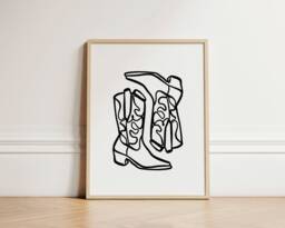 Cow Boy Boots Print, Ink Bleed Style, Girl Boots, Minimalist, Rodeo Wall Art, Trendy Art Unframed - thumbnail 1