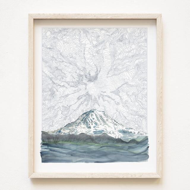 Tahoma Mount Rainier Washington Hand Drawn Topographic Map Drawing & Mountain Painting - Art Print Trail Hiker Pnw Adventurer - image 1