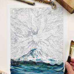 Tahoma Mount Rainier Washington Hand Drawn Topographic Map Drawing & Mountain Painting - Art Print Trail Hiker Pnw Adventurer - thumbnail 2
