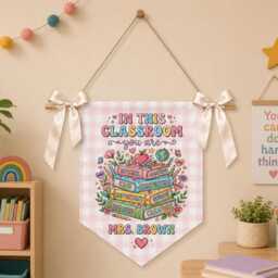 Custom Gingham Classroom Pennant, Personalized Teacher Name Wall Hanging