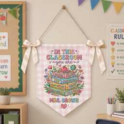Custom Gingham Classroom Pennant, Personalized Teacher Name Wall Hanging - thumbnail 4