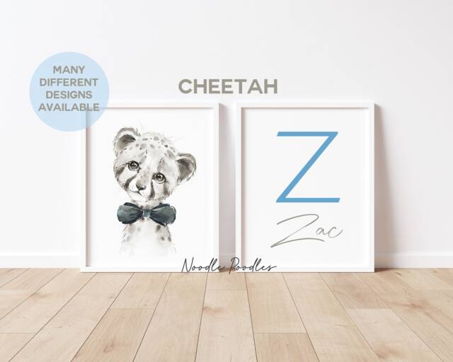 Baby Boy Nursery Set Of Unframed Personalised Prints Black White & Grey - Safari Animals Elephant Zebra Giraffe Monkey Cheetah Koala A4 A3 - image 1